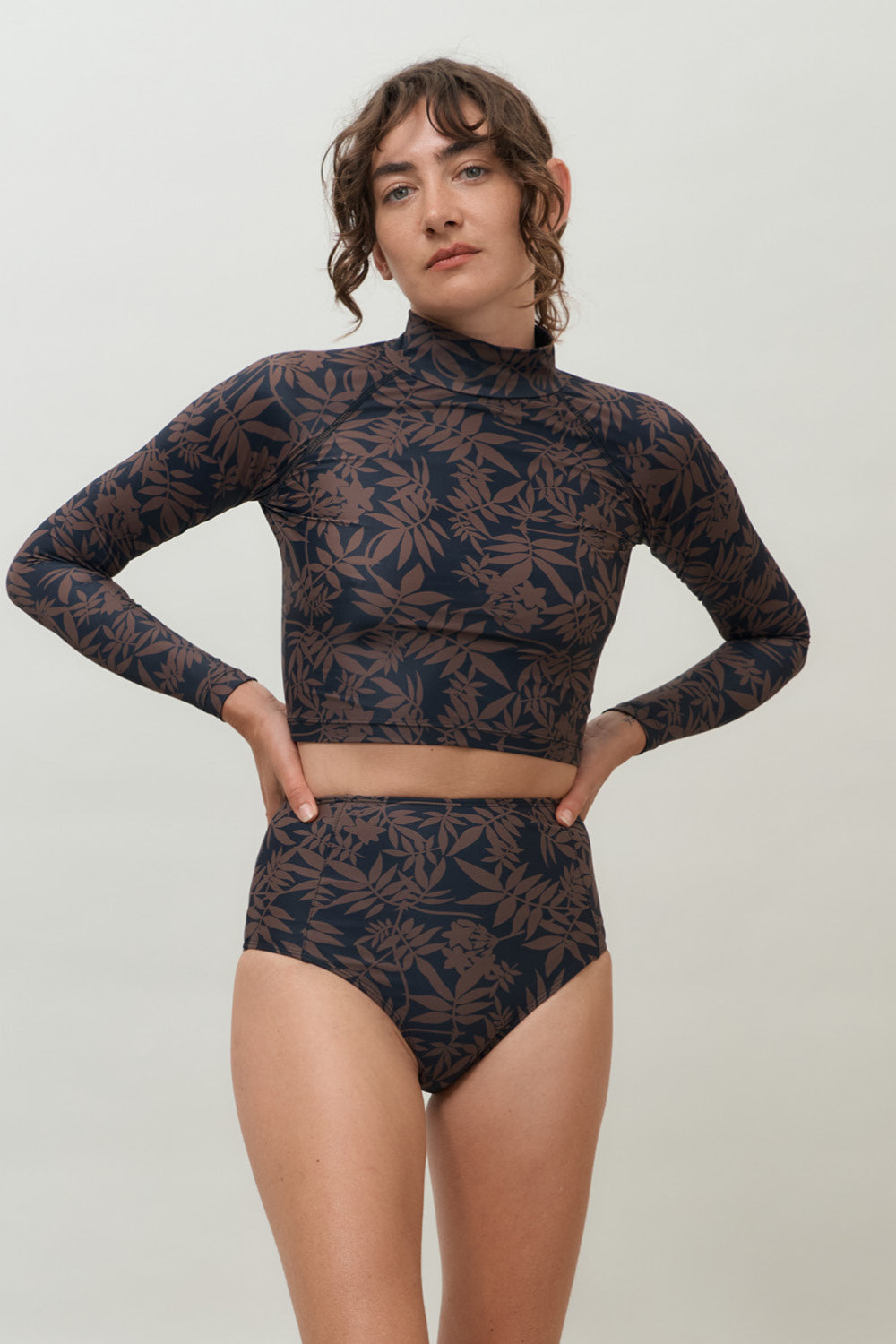 Hakea | Santiago High Waisted Bikini Bottoms in Leaf Print | Sustainable Swimwear