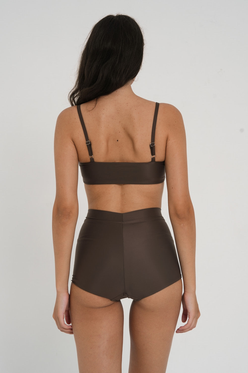 Women's high waisted boyleg surf shorts in chocolate brown